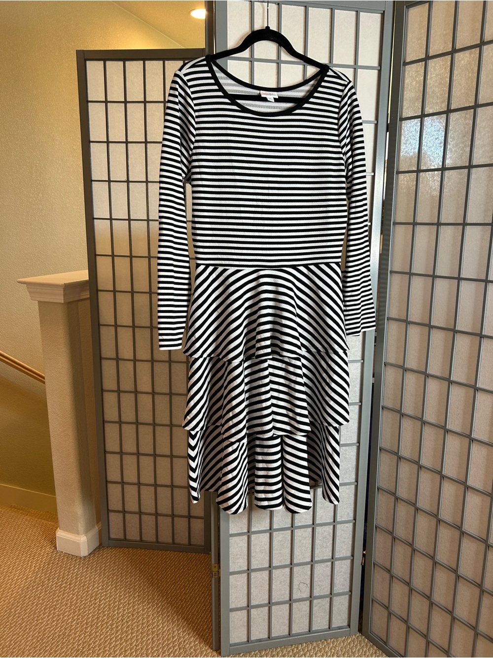 NWT LuLaRoe Georgia Black & White Striped Long-Sleeve Tiered Dress